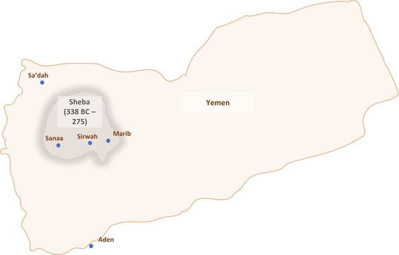 Historical Map Illustrating the Kingdom of Sheba (Saba) in Ancient Yemen (338 BC &ndash; 275 AD) with Major Historical Cities