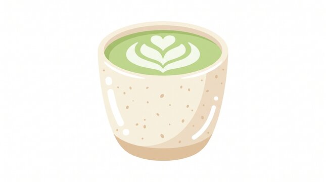 Matcha green tea latte cup with heart latte art cute flat vector illustration