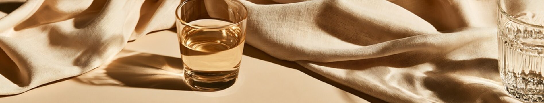 Beige linen backdrop with clear glass tumbler of amber liquid and soft editorial shadows