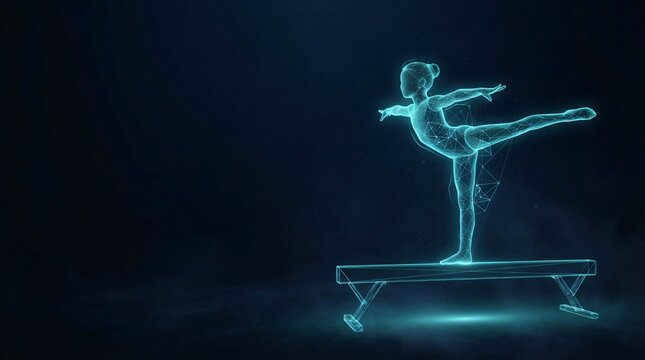 Digital wireframe of a gymnast performing a balance beam routine in glowing blue neon lines with gymnastics wireframe hologram futuristic technology illustration
