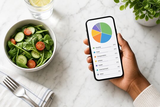 Nutrition tracking app on smartphone held by hand, healthy salad bowl on marble table, calorie counter and diet management tool