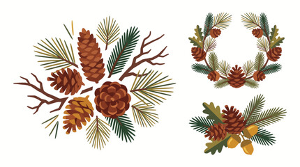 Fototapeta premium Elegant hand-drawn botanical collection featuring pine branches, pinecones, berries, dried flowers, and delicate woodland foliage arranged into decorative wreaths and natural compositions.