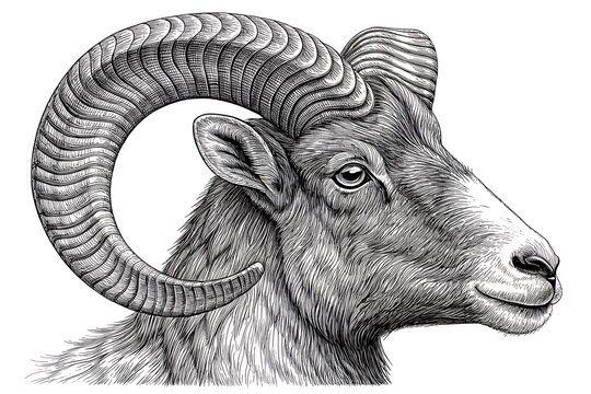 Ram with large curved horns facing side view