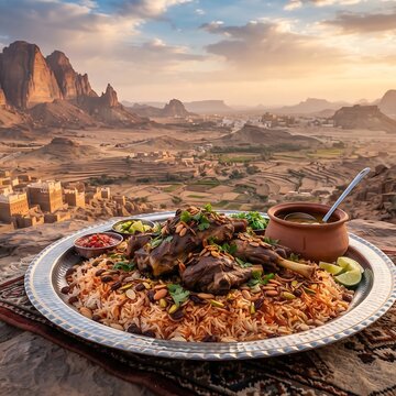  stunning traditional Malay Beef Rendang dish caramelized in rich coconut milk and dark spices,against a vast, misty Southeast Asian tropical rainforest background 