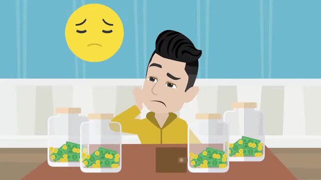 2D animation of a sad man sitting at desk looking at money savings jars with sad emoji icon financial crisis