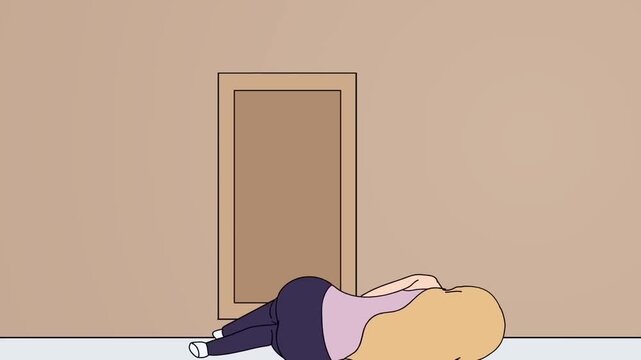 2D animation back view of a blonde woman kneeling on floor facing a closed wooden door waiting despair concept