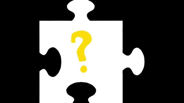 2D animation close up of a white puzzle piece with a yellow question mark icon black background problem solving