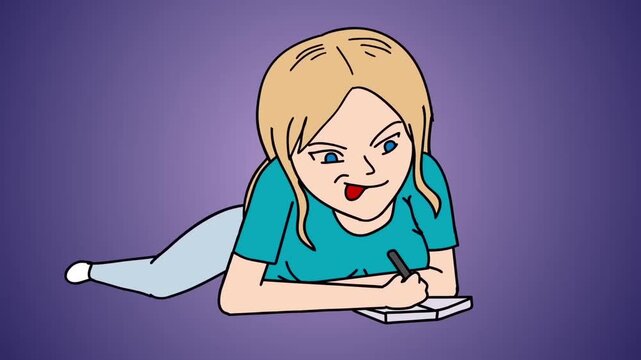 2D animation of a blonde woman lying on stomach on floor writing in a journal notebook cozy relaxation concept