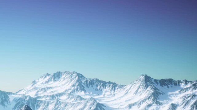 Snow covered peaks rise under a bright clear sky, showcasing the beauty of the mountains. The scene captures the vastness of nature with no signs of human activity.