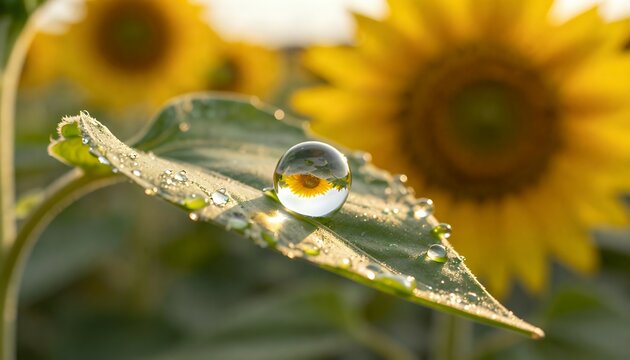 Leaf with dewdrop macro close-up in sunlight, sunflower backdrop