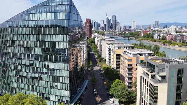 Frankfurt Skyline In Hesse Germany. Highrise Buildings. Downtown City. Meno River. Frankfurt Skyline In Frankfurt In Hesse Germany. Beautiful Cityscape. Europe Landscape.