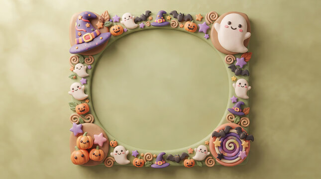 Halloween gingerbread cookie frame with cute ghosts and pumpkins, spooky holiday border for festive messages, autumn treat background