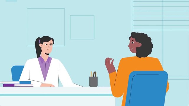 2D animation of a female doctor in lab coat talking to a patient sitting at desk in a bright medical office