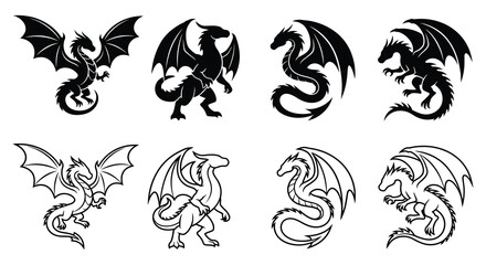 Fototapeta premium Eight black dragon silhouettes showcase various poses and wing positions