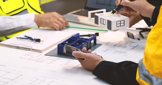 Construction team reviews building plans and measurements at a worktable, with safety vests, tools, calculator and blueprint drawings.