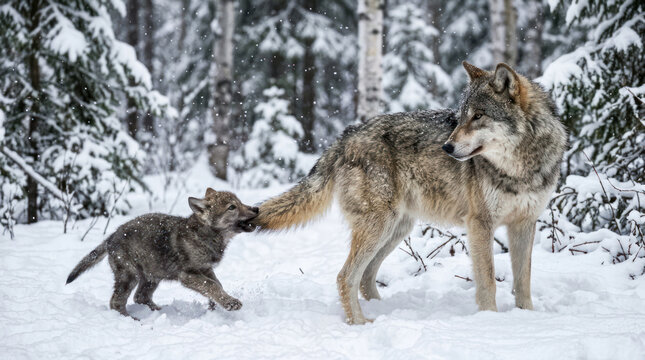 Wolf cub playfully bites adult wolf tail in snowy forest.