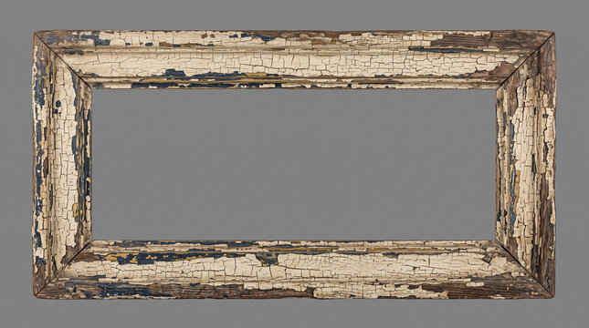 Vintage distressed empty picture frame with cracked paint and weathered texture on white background