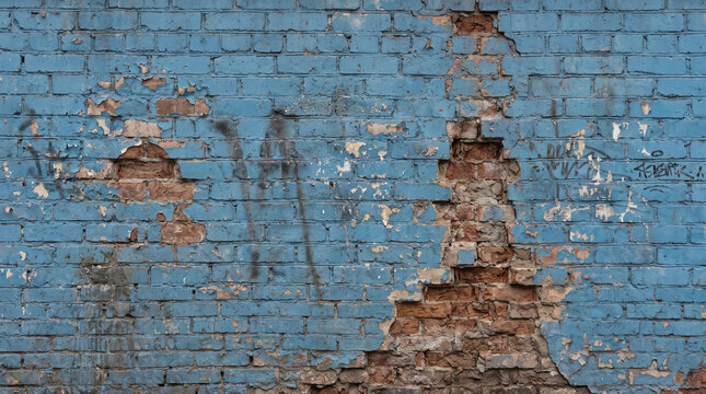 Close-up of weathered blue and white cracked paint on aged brick wall texture background