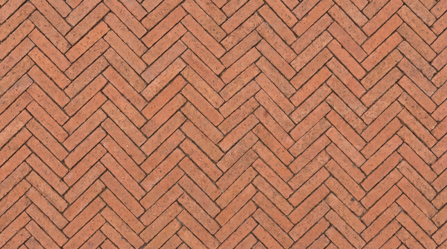 Close-up herringbone red brick pavement texture seamless pattern for architectural design and flooring