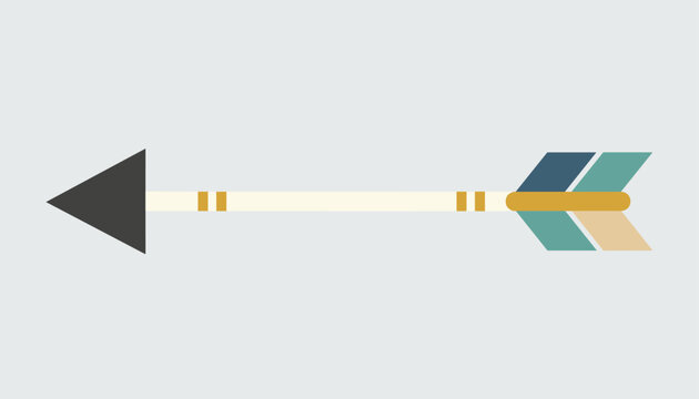 Decorative arrow in tribal style features a dark grey triangle tip, elegant gold bands, and colorful feathers of blue, green, and cream.