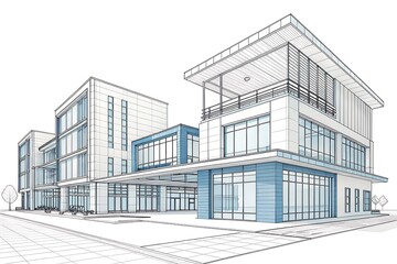 Fototapeta premium Modern three-story building architectural sketch with glass facade