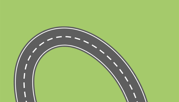 Asphalt road curving sharply to the right with white lane markings on a bright green field background.