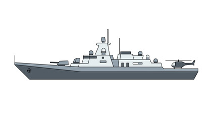 Obraz premium Gray military warship sails on white background featuring advanced naval weapons systems and a helicopter on helipad.