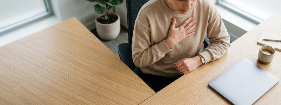 Woman sitting at office desk holding hand to chest in pain