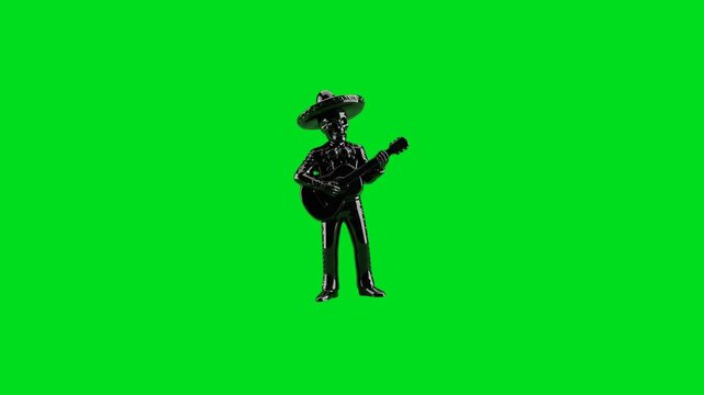 A shiny black mariachi skeleton figure playing a guitar on green screen