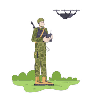 Military drone operator controlling UAV 2D vector illustration. Infantry scouting. Reconnaissance soldier using remote controller flat character isolated on white background. Colorful cartoon image