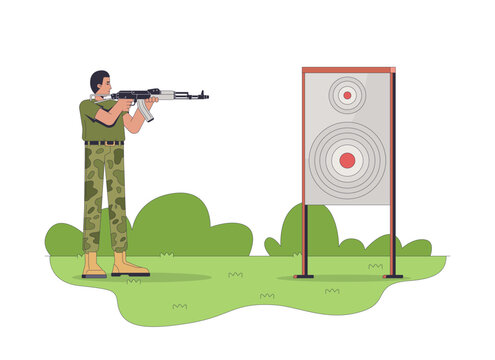 Military shooting training at target range 2D vector illustration. Firearm handling. Soldier practicing rifle marksmanship outdoor flat character isolated on white background. Colorful cartoon image