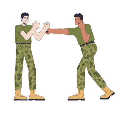 Military hand-to-hand combat training 2D vector illustration. Self-defense. Tactical movement. Soldiers recruits in fighting stance flat characters isolated on white background. Colorful cartoon image