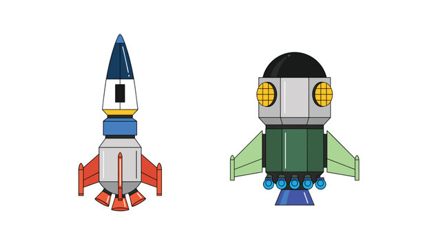Two colorful cartoon space rocket ships of different designs ready for a launch on a plain white background.