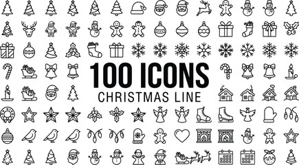 Obraz premium Christmas line icons set of 100 vector elements, holiday outline symbols for winter celebration, minimalist xmas thin line icon collection for web design