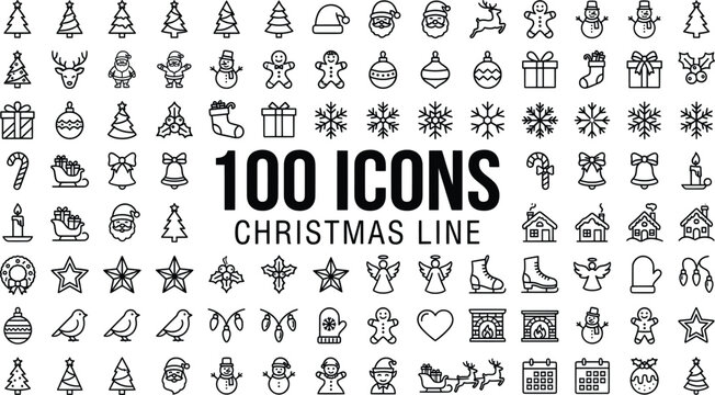 Christmas line icons set of 100 vector elements, holiday outline symbols for winter celebration, minimalist xmas thin line icon collection for web design