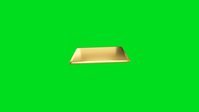 A shiny golden rectangular plate floating against a vibrant green background