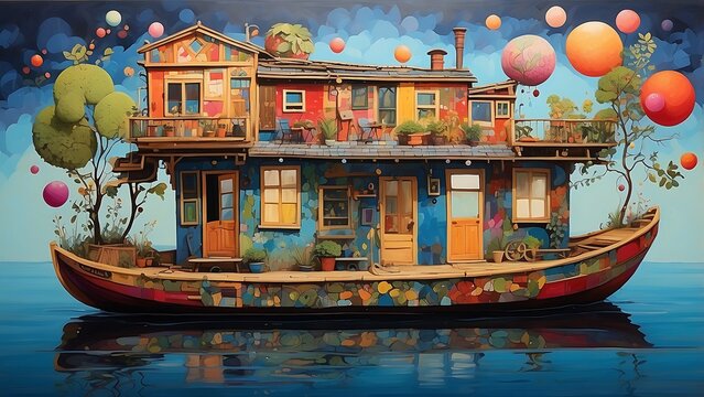 Whimsical fantasy floating house boat adorned with colorful windows, plants, and floating lanterns navigating calm blue sea.