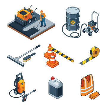 Isometric Road Construction and Industrial Maintenance Equipment Set