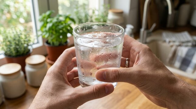 Man holding glass of cold water with ice in kitchen setting