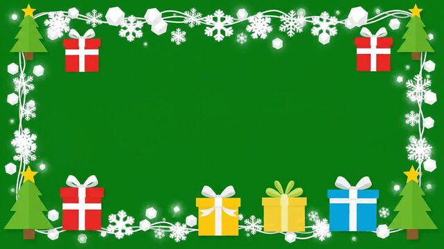 Festive Christmas border with gift boxes and pine trees on a green background for holiday greeting cards video overlays templates for winter season party social media