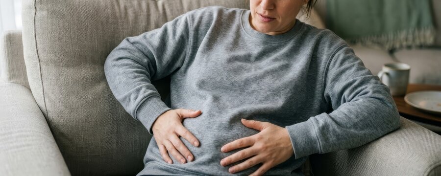 Woman suffering from stomach pain or indigestion, holding abdomen in discomfort while sitting on sofa
