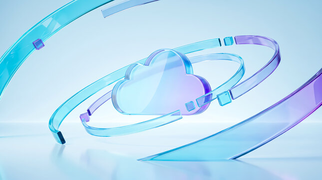 Abstract cloud computing icon with glass rings on blue background