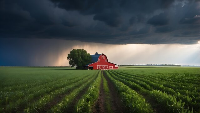 Vibrant red barn standing alone amidst green agricultural fields under a dramatic dark storm cloud sky with light breaking through.