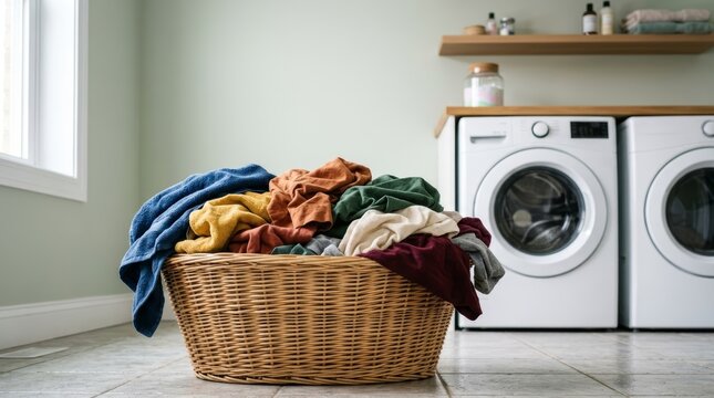 Wicker laundry basket filled with colorful clothes in modern utility room