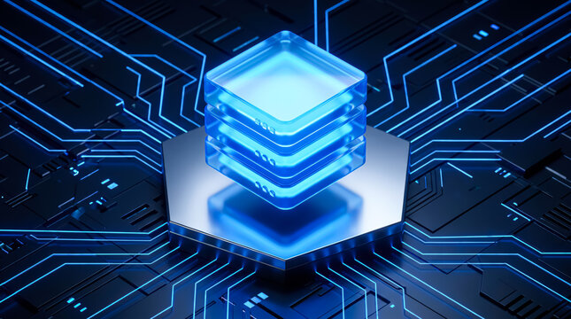 Futuristic database server icon hovering over a glowing cyber circuit board background in 3d render
