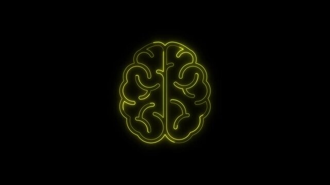 Bright yellow neon brain icon pulsing slowly on black background, science and technology concept.