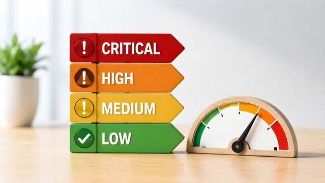 Wooden blocks displaying risk level meters from critical to low. Concept of business risk management and performance evaluation.
