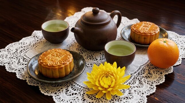Mooncake festival tea set with chrysanthemum