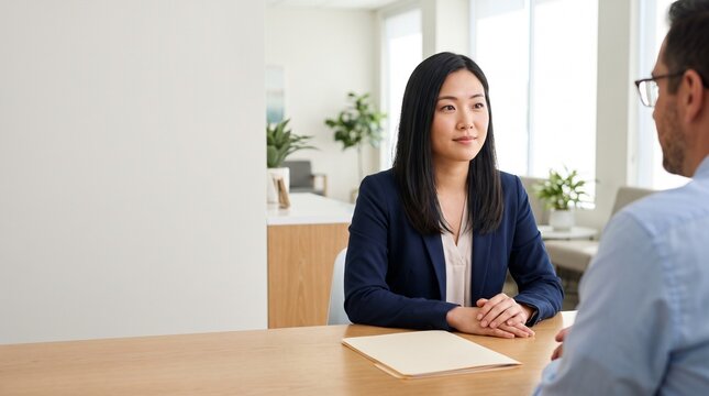 Korean American Woman Loan Pre Approval Meeting Left Copy Space