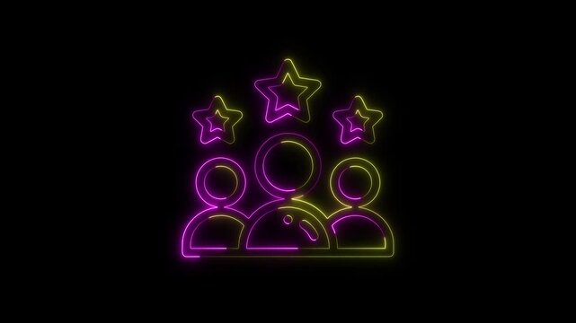 Neon people icons with glowing stars on black background symbolise team excellence high performance and customer rating.